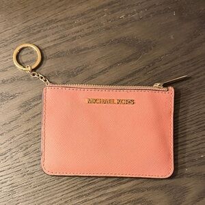Michael Kors Coral-Peach Pink Leather Zip Card Pouch Wallet with Keyring